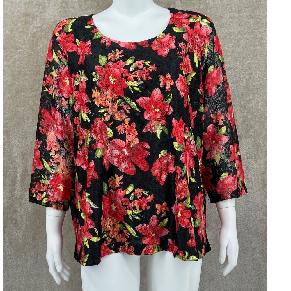 Cathy Daniels Top Womens Plus 2X Black Red Dark Floral Sheer Stretch Romantic